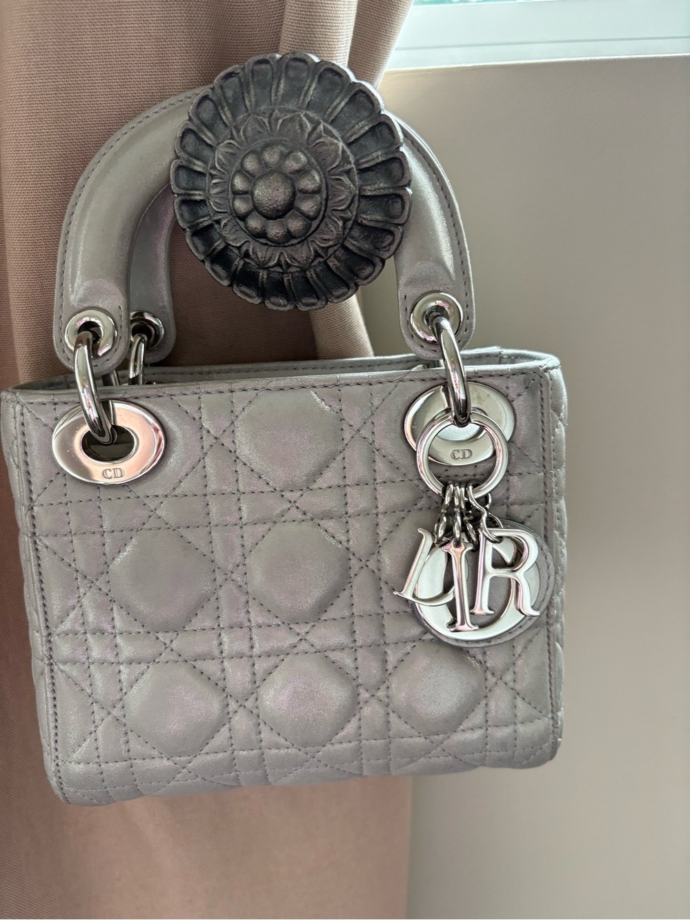 DIOR Mini Cannage Lady Dior Bag • Iridescent Pearl Grey Leather Chain Strap